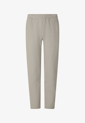 Pantalon décontracté beige à taille élastique, coupe droite, sans poches visibles ni ornements.