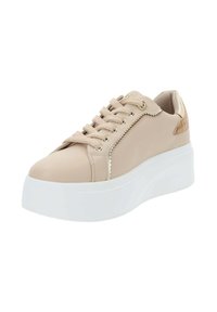 Sneakers platform beige con tomaia in pelle liscia, chiusura con lacci e dettagli in tonalità oro sul tallone. Suola in gomma bianca.