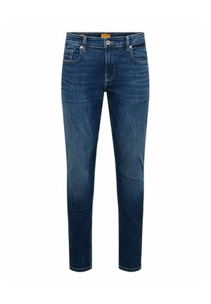 Jean en denim bleu foncé à jambes droites avec poches avant, passants pour ceinture et fermeture par bouton sur fond blanc.
