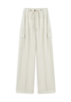 Wide-leg, lightweight cream pants with an elastic waistband and drawstring, featuring two side pockets and a textured finish.