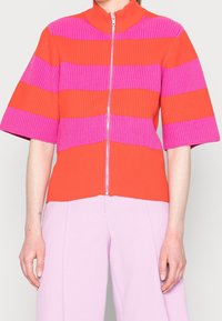 Donna che indossa un top zip-up a strisce arancioni e rosa con maniche a tre quarti e pantaloni rosa chiaro, in piedi all'interno.