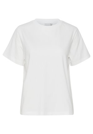 Witte korte mouwen t-shirt met ronde hals, rechte pasvorm en zonder zichtbare prints of patronen, weergegeven op een witte achtergrond.