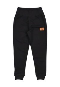 Zwarte joggingsbroek van zacht materiaal, met een elastische tailleband en manchetten, en een klein leren label aan de voorkant.