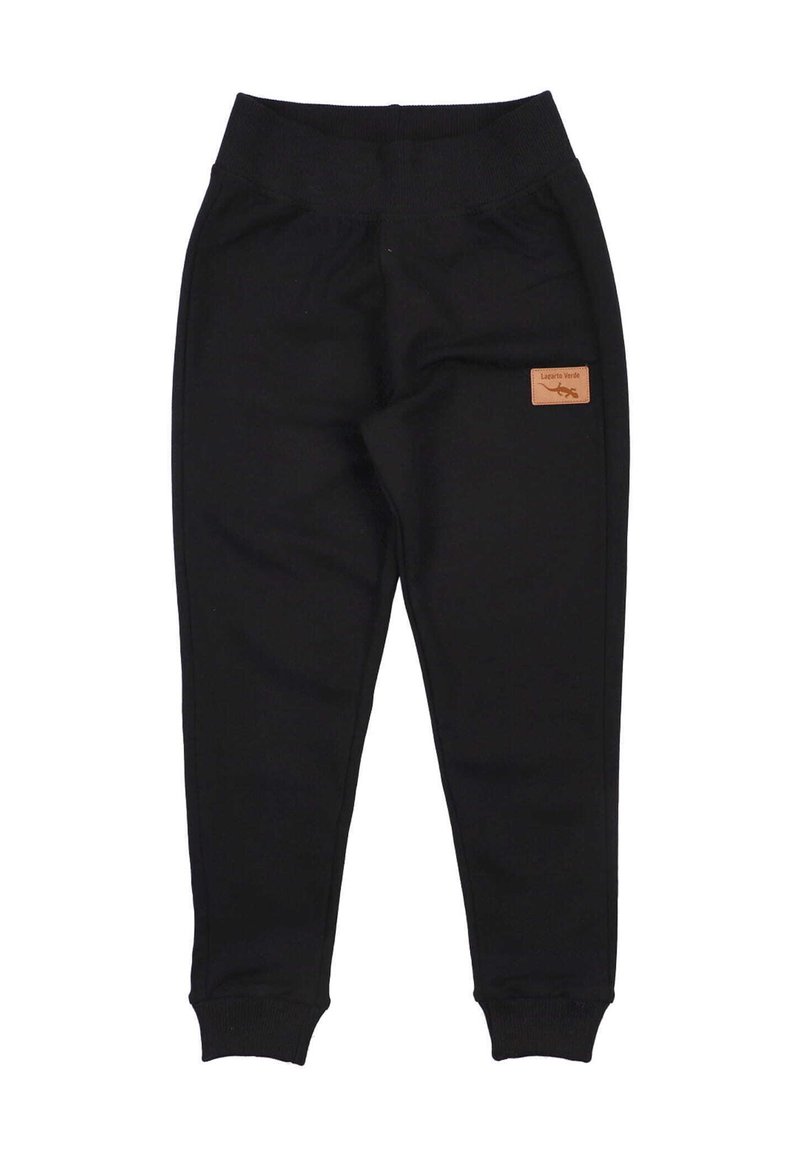 Zwarte joggingsbroek van zacht materiaal, met een elastische tailleband en manchetten, en een klein leren label aan de voorkant.