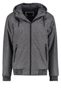 Grå zip-up jacka med huva, i texturerat tyg, med två framfickor med dragkedja och kontrasterande stickad kant vid midjan och ärmsluten.