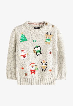 Pull pour enfants en tricot gris clair avec des motifs festifs de Noël comprenant le Père Noël, un renne, un pingouin, un bonhomme de neige, un panda, un sapin et des cadeaux.