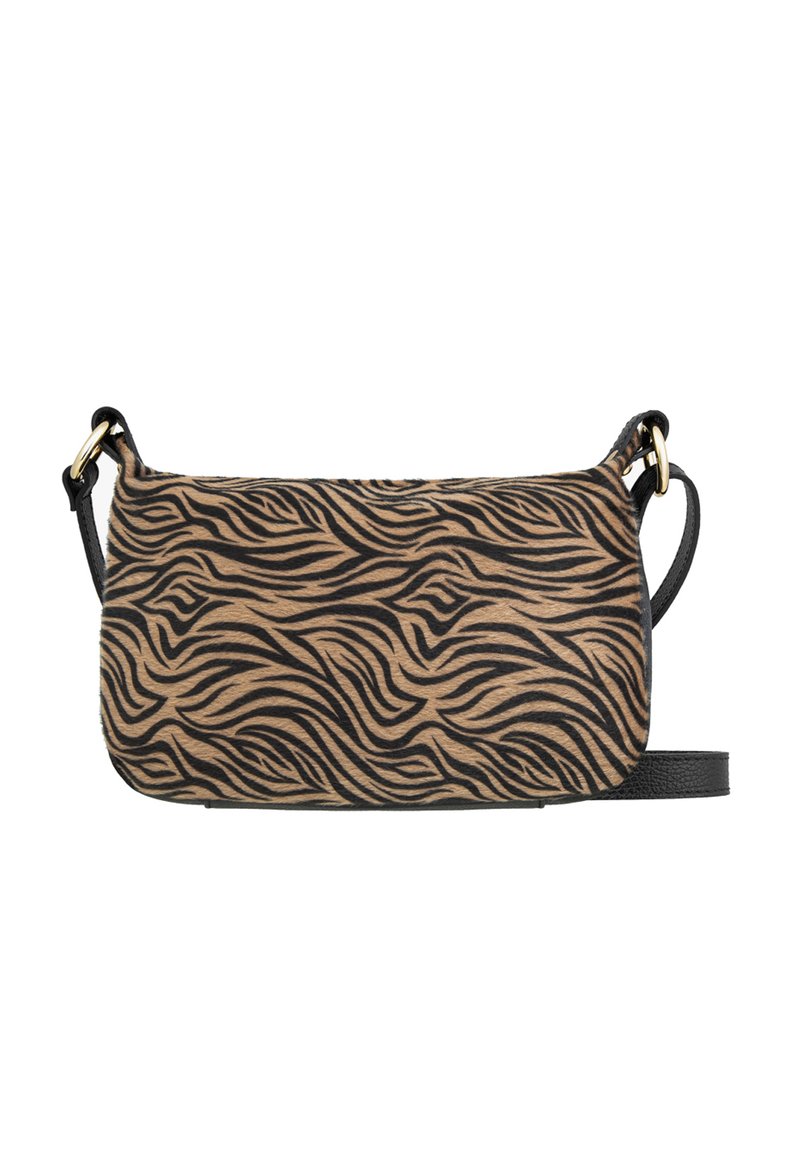 Borsa a tracolla a fantasia zebra realizzata in tessuto testurizzato con una combinazione di colori beige e nero, dotata di una tracolla nera removibile e dettagli in oro.