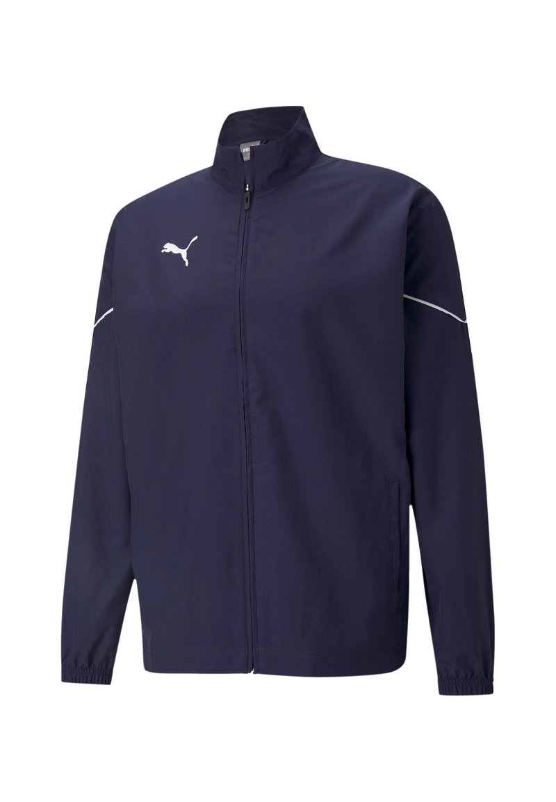 Marineblaue Windbreaker-Jacke aus leichtem Material. Mit Stehkragen, Frontreißverschluss, elastischen Bündchen und weißen Logoelementen.