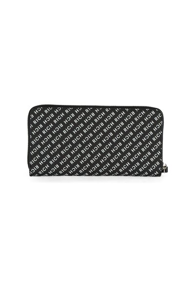 Portafoglio zip nero con un motivo ripetitivo "RICH" in bianco. Tessuto texturizzato con zip liscia e hardware argentato.