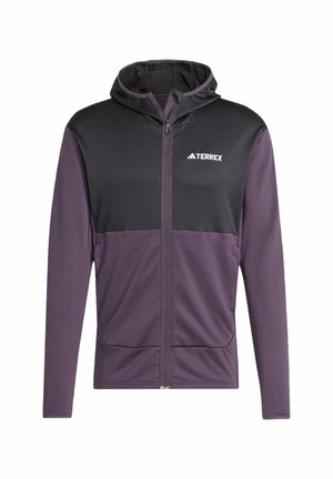 Giacca sportiva con cappuccio in nero e viola scuro. Presenta una zip frontale, una texture a rete nel pannello superiore e tasche laterali. Materiale leggero.