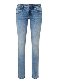 Verbleekte blauwe denim jeans met een slim fit, vijf zakken en contrasterende stiksels. De voorkant heeft een ritssluiting en een knoopsluiting.