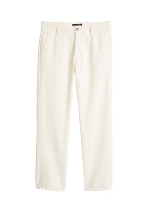 Men's off-white casual trousers with belt loops, front button closure, and side pockets, displayed flat on a white background.
