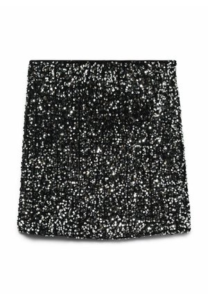 Falda negra cubierta de lentejuelas negras y plateadas superpuestas, con una textura suave y un diseño ajustado.