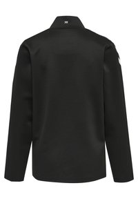 Zwarte lange mouwen shirt met een gekleed ontwerp. Heeft een gladde stof en een minimalistische constructie. Kleine witte logo op de kraag.