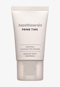 BareMinerals Prime Time foundation primer in een doorschijnende witte tube met zwarte tekst, voorzien van een flip-top dop en een gladde, matte afwerking.