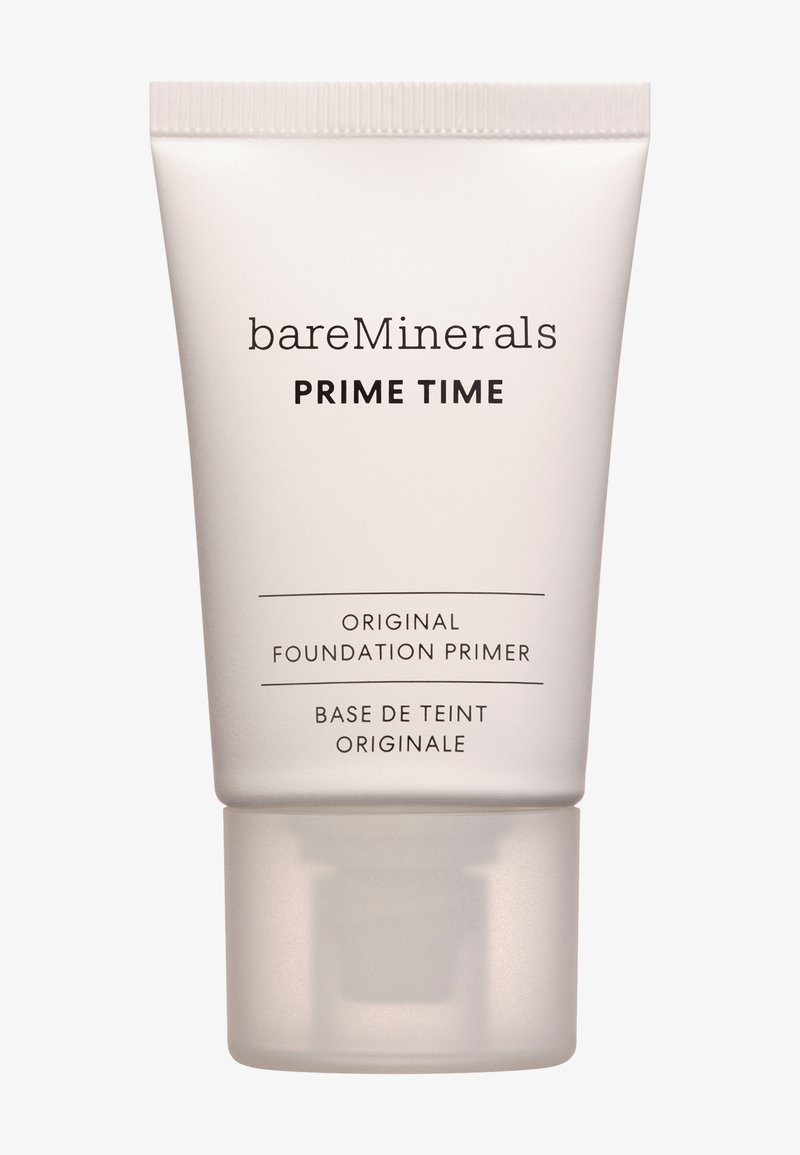 BareMinerals Prime Time foundation primer in een doorschijnende witte tube met zwarte tekst, voorzien van een flip-top dop en een gladde, matte afwerking.