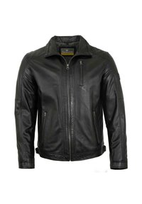 Schwarze Lederjacke mit Stehkragen, Frontreißverschluss und mehreren Reißverschluss-Taschen. Glatte Textur mit taillierter Passform.