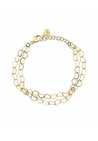 Bracciale in metallo dorato con segmenti a catena ondulati collegati, dotato di una chiusura e un piccolo charm a forma di foglia. Texture liscia e finitura lucida.