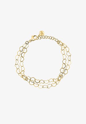 Bracciale in metallo dorato con segmenti a catena ondulati collegati, dotato di una chiusura e un piccolo charm a forma di foglia. Texture liscia e finitura lucida.