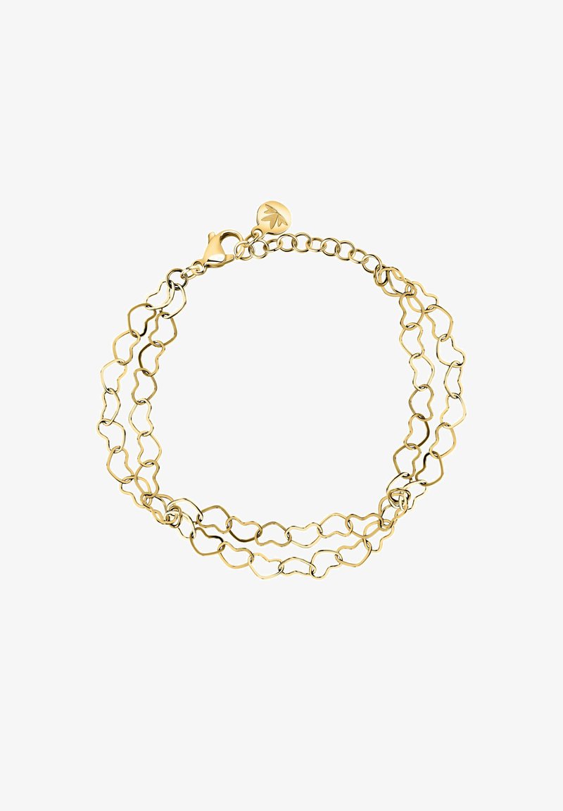 Bracciale in metallo dorato con segmenti a catena ondulati collegati, dotato di una chiusura e un piccolo charm a forma di foglia. Texture liscia e finitura lucida.