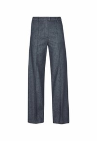 Pantalons à jambes larges en denim foncé, présentant un design épuré, une texture subtile et des coutures contrastantes le long des coutures avant.