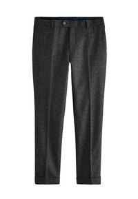 Pantalones grises hechos de tela texturizada, con cierre de botón, bolsillos delanteros y puños enrollados para una apariencia ajustada.