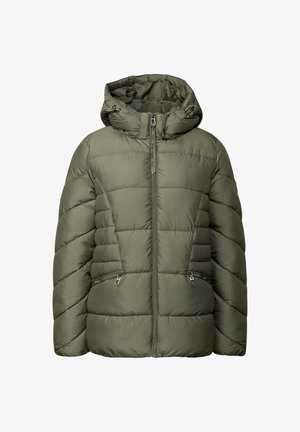 Olivgrön vadderad jacka med huva, med diagonalt kviltat mönster, framtida dragkedja och två sidofickor med dragkedja. Slät material.