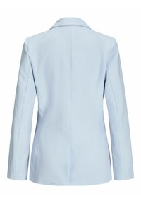 Hellblaues Blazer mit glatter Textur, Reverskragen, langen Ärmeln und tailliertem Schnitt; zeichnet sich durch ein sauberes, strukturiertes Rückendesign aus.