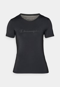 Black athletic t-shirt made of smooth, lightweight fabric. Features a crew neck and short sleeves, with a subtle, dark "Champion" logo on the front.