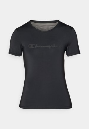 Schwarzes sportliches T-Shirt aus glattem, leichtem Stoff. Verfügt über einen Rundhalsausschnitt und kurze Ärmel, mit einem dezenten, dunklen "Champion"-Logo auf der Vorderseite.