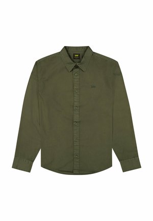 Långärmad skjorta med knappar i mörk olivgrön bomull. Har en klassisk krage, framknappar och broderad logotyp på bröstet.