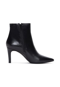 Bottine en cuir noir avec un bout pointu et un talon aiguille haut. Présente une fermeture éclair sur le côté et une texture lisse et brillante.
