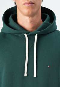 Young person wearing a dark green hooded sweatshirt with white drawstrings and a small red, white, and blue logo on the chest.