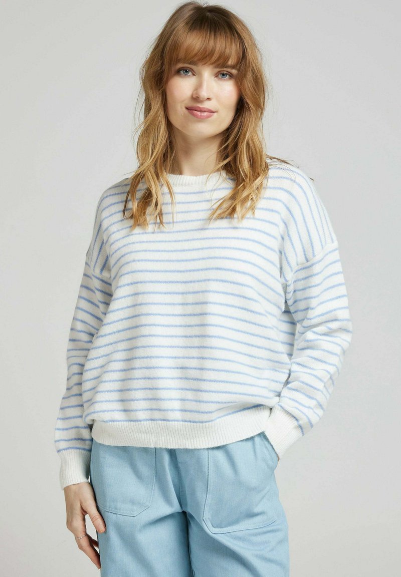 Pull en maille rayé bleu clair et blanc avec une coupe ajustée, des poignets côtelés et un col rond, associé à un pantalon bleu clair.