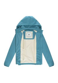 Turkis vanntett jakke med hette, kontrasterende kremfarget fôr, elastiske mansjetter og glidelås foran. Inne har den en merkelapp.