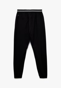 Schwarze Jogginghosen mit tailliertem Design, elastischem Bund mit grauem Streifen, glattem Stoff und zwei Gesäßtaschen.