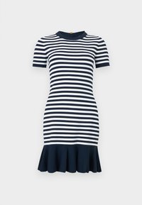 Robe courte à rayures horizontales bleu marine et blanches, avec manches courtes, col rond et ourlet à volants bleu marine.