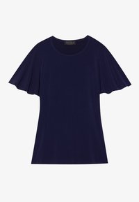 Tricou bleumarin cu mâneci scurte, late și volanate, având un decolteu rotund. Fabricat dintr-un material moale și elastic. Design curat, fără modele.