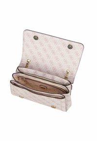 Borsa a tracolla rosa con motivo, dotata di hardware dorato, chiusura a pattina, un ampio interno e numerosi scomparti per l'organizzazione.