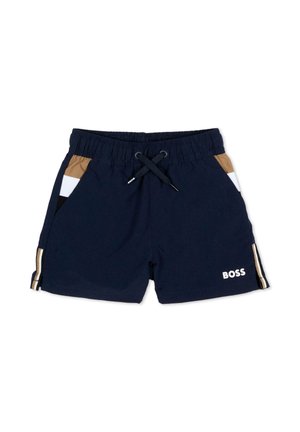 Granatowe szorty z elastycznym pasem i sznurkiem, boczne kieszenie z akcentami w kolorze beżowym, białym i czarnym oraz logo "BOSS" na przedniej lewej nogawce.