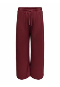 Platas platās vīnogu krāsas sporta bikses ar elastīgu jostasvietu un auklu. Ar baltām sānu svītrām. Izgatavotas no mīksta, elastīga auduma.