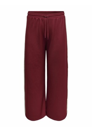 Burgundy wide-leg sweatpants with an elastic waistband and drawstring. Features white side stripes. Made from soft, stretchy fabric.