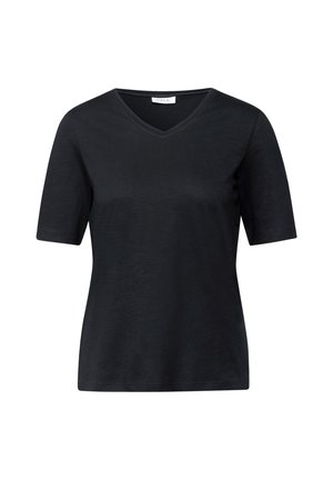 Zwarte kortslippige V-hals t-shirt van een gladde stof. Heeft een klassieke silhouet met een eenvoudig ontwerp en minimale detaillering.