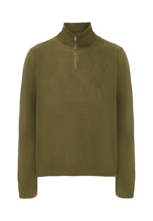 Olivengrøn fleece-pullover med høj krave, halv lynlås foran, lange ærmer og en glat, blød tekstur.