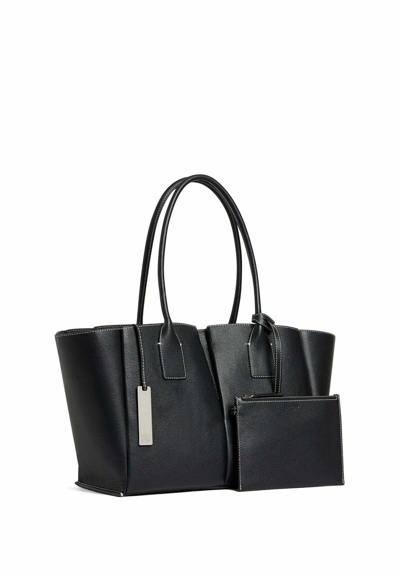 Sac fourre-tout en cuir noir avec un design structuré, poignées supérieures et coutures contrastantes. Inclut une petite pochette zippée assortie.