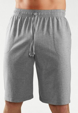 Graue Sportshorts aus weichem, dehnbarem Material. Mit einem elastischen Bund und Kordelzug sowie Seitentaschen. Einfaches Design.