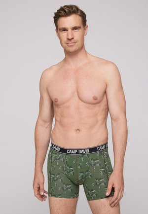Green boxer shorts with a palm tree pattern, black waistband labeled "CAMP DAVID," soft fabric, fitted design, above-the-knee length.