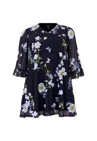 Zwarte bloemen tuniek met een V-hals, vloeiende ontwerp, 3/4 bell mouwen, met een mix van blauwe en witte bloemen en groene accenten.