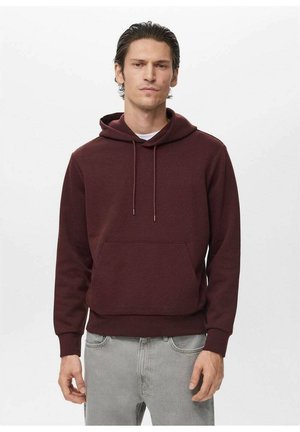 Sudadera burdeos hecha de tela suave, con un bolsillo canguro, capucha ajustable y puños acanalados. Diseño simple y minimalista.
