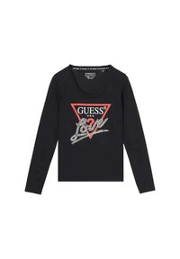 Camisa negra de manga larga con un logo triangular rojo que dice "GUESS® U.S.A." y acentos de strass con la palabra "LOVE" en una fuente cursiva.